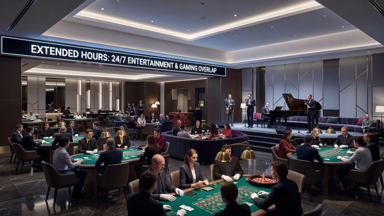 Members enjoying late-night privileges at gaming tables and private dining areas during extended casino hours